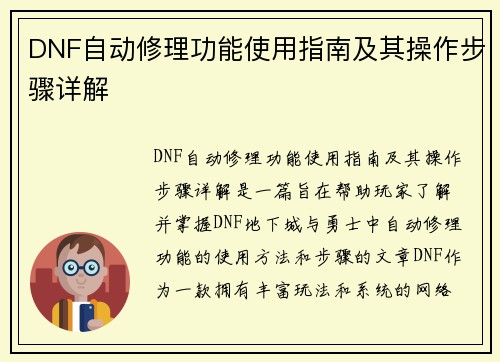 DNF自动修理功能使用指南及其操作步骤详解