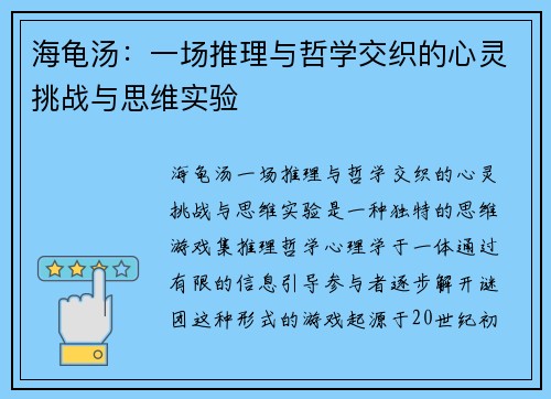 海龟汤：一场推理与哲学交织的心灵挑战与思维实验