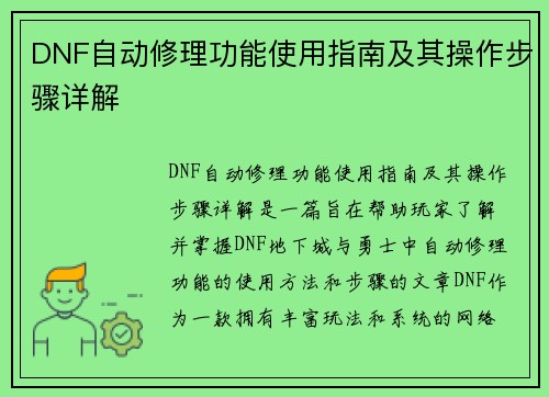 DNF自动修理功能使用指南及其操作步骤详解