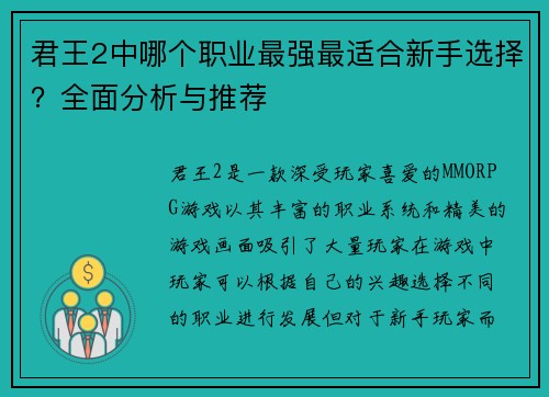 君王2中哪个职业最强最适合新手选择？全面分析与推荐