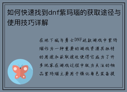 如何快速找到dnf紫玛瑙的获取途径与使用技巧详解